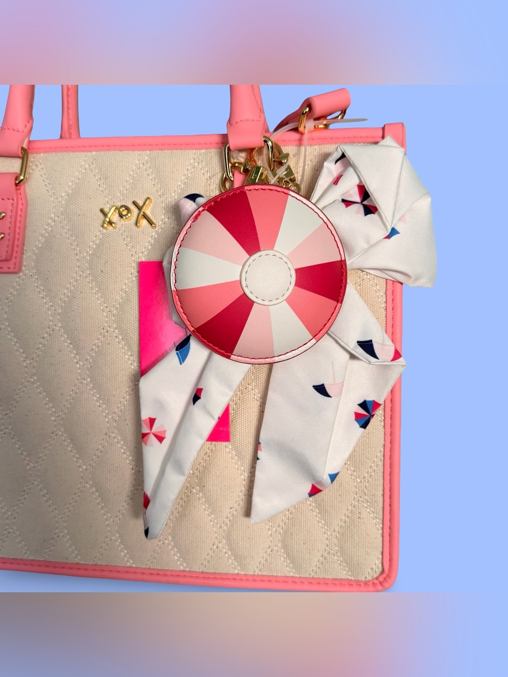 Betsey Johnson Beach Umbrellas Quilted Cream & Pink Tote Bag with Scarf Charm - Picture 2 of 6